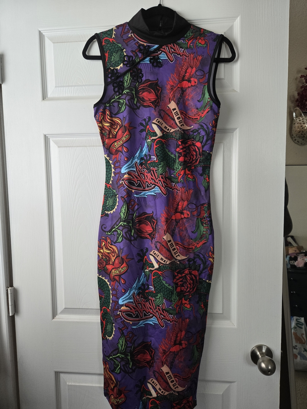 Fashion Nova Purple Tattoo-Print Midi Bodycon Dress